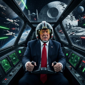 Donald Trump piloting a spacecraft amid starfighters and a massive space station
